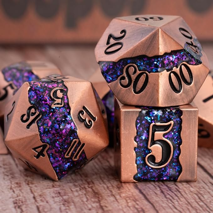 Polyhedral Metal Dice DND, RPG Purple Glitter Stripe Dice Set, Antique Copper - Image 5