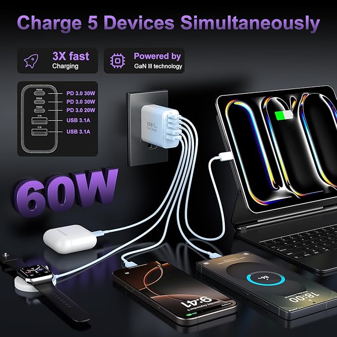 USB C Fast Wall Charger Block, 5-Port PD+QC Power Adapter Multiport Brick Type - Image 4