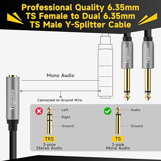 1/4 inch TS Mono Splitter Y Adapter, 6.35mm Mono Female to Dual 6.35 mm TS Mono - Image 3