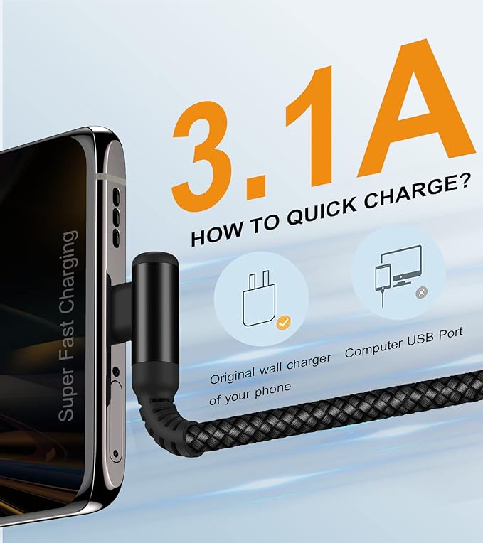 sweguard USB Type C Charger Cable Right Angle iPhone 16 Charger Nylon Braided - Image 3