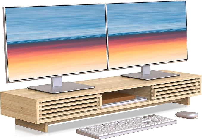 Dual Monitor Stand Riser with Sliding Door, Double Computer Laptop Stand Desk by WELLWENG
