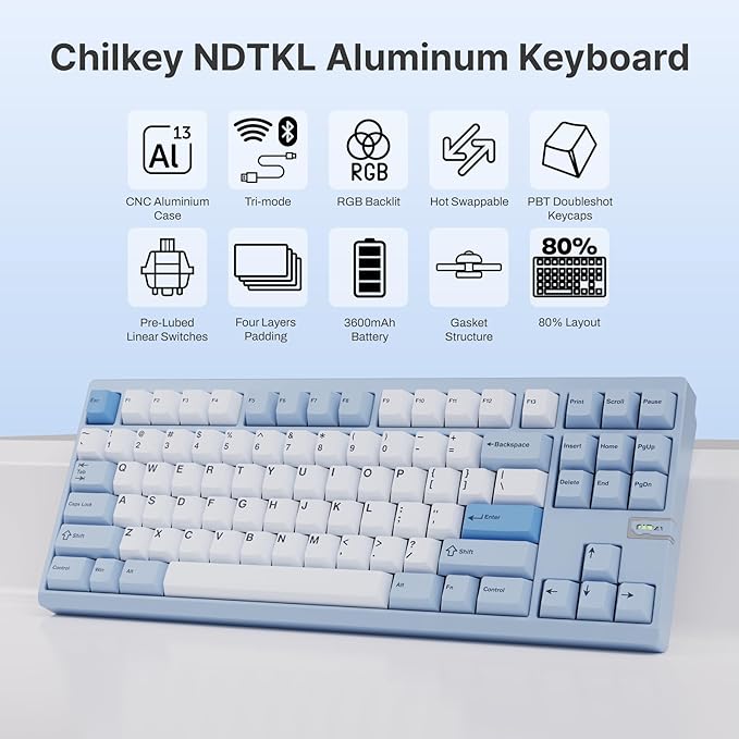 Chilkey ND TKL Aluminum Mechanical Keyboard, 87 Keys Tenkeyless Wireless Gaming - Image 2