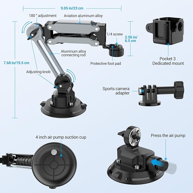 Geyo Camera Suction Cup Mount, Aluminum Alloy Multi-Function Shock Absorber Arm - Image 7