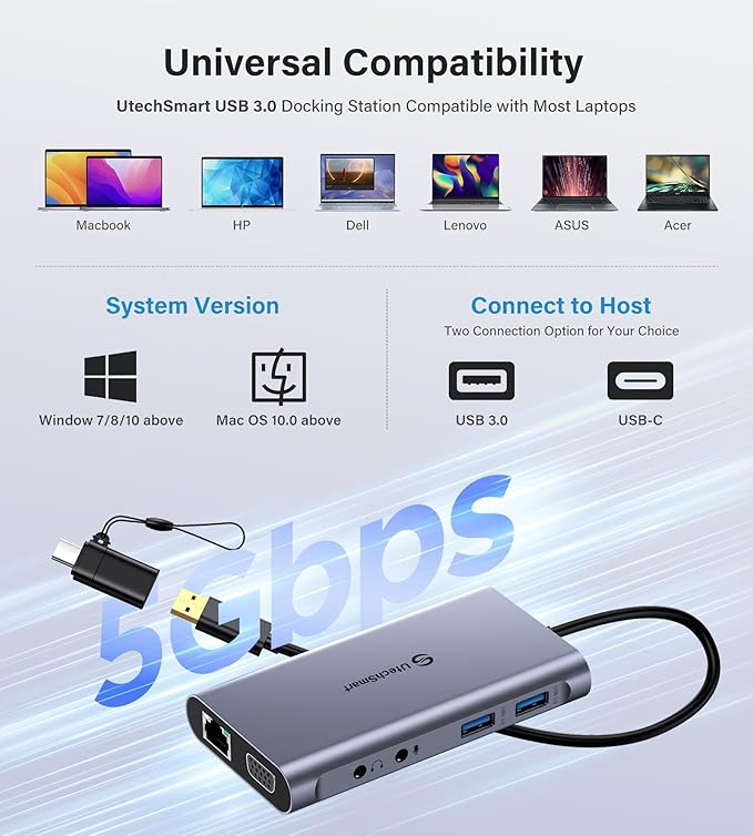 UtechSmart USB Docking Station, 11 IN 1 USB C Dock Triple Display, USB 3.0 - Image 4