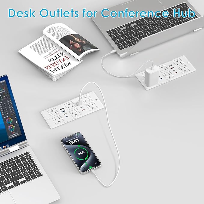 30W Recessed Power Strip USB C, Desk Flush Mount Outlet Plug in 6 AC & 8 USB - Image 5