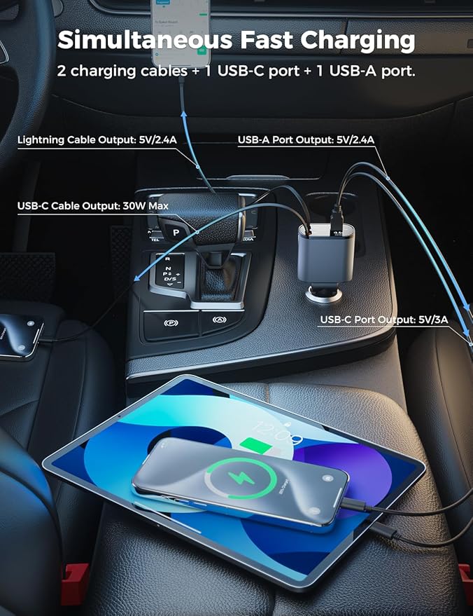 【Upgraded】 SUPERONE Retractable Car Charger 4 in 1, Fast Car Phone Charger - Image 4