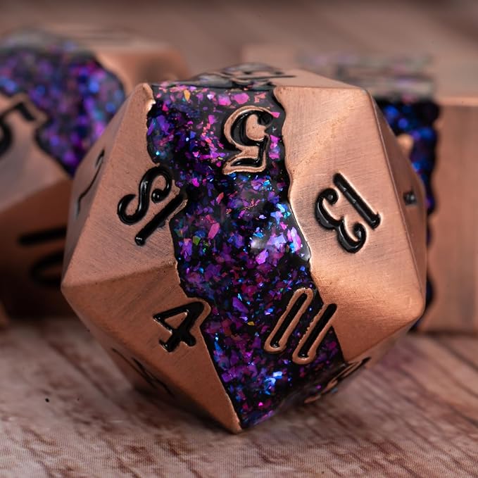 Polyhedral Metal Dice DND, RPG Purple Glitter Stripe Dice Set, Antique Copper - Image 3