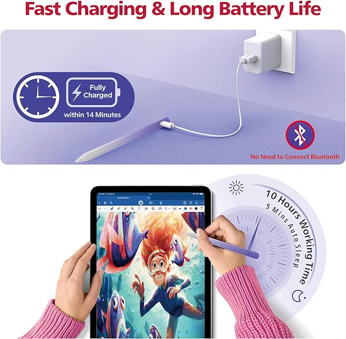Stylus Pen for iPad, 14Mins Fast Charge for Apple Pencil, Palm Rejection - Image 5