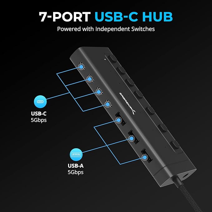 SABRENT 7-Port USB-C Hub with Power Switches, 5Gbps USB 3.2, 48W Powered Hub - Image 2