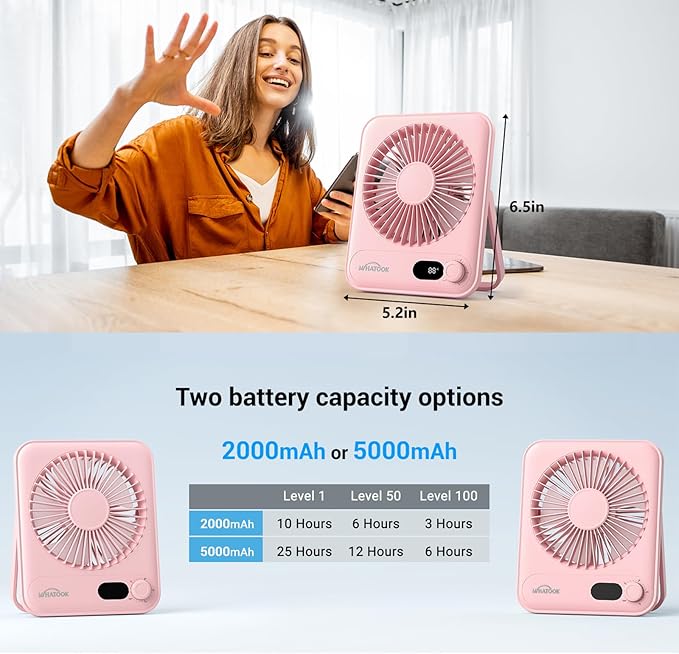 WHATOOK Small Desk Fan Personal Fans: 5000mah 25 Hours Battery Office Quiet - Image 6