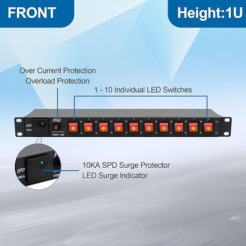 10 Outlets 1U Horizontal PDU Network Rackmount Power Strip - Image 2