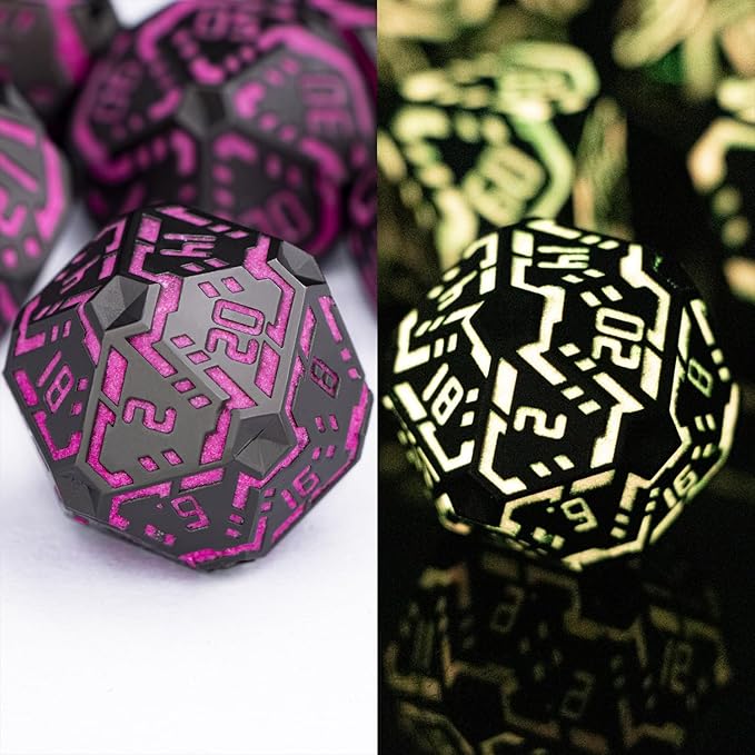 Metal DND Sci-fi Dice Set 7PCS Luminous Pink Stripe Polyhedral Dice - Image 2