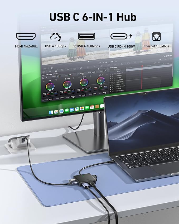 BENFEI USB C HUB 6in1 with HDMI, 100Mbps Ethernet, 100W Power Delivery - Image 2
