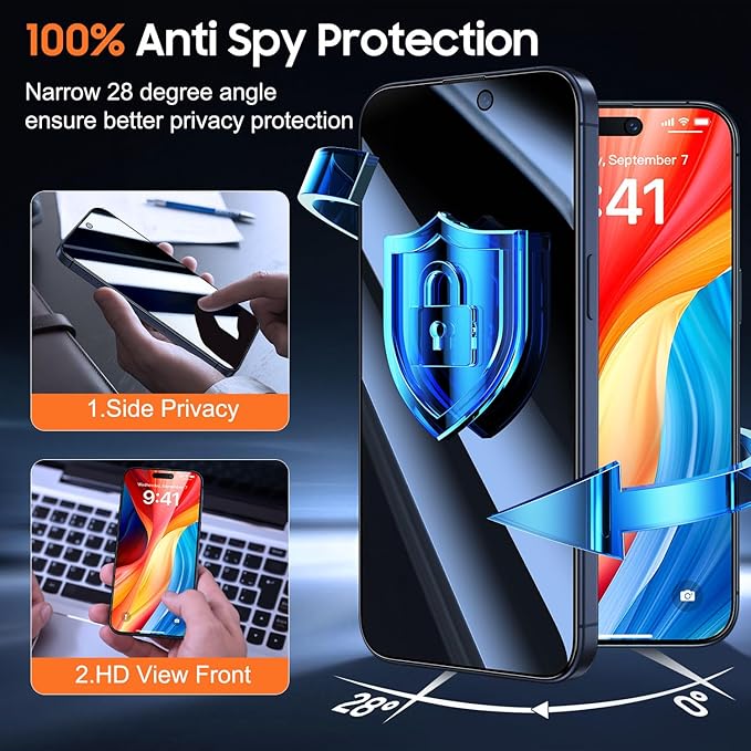 UniqueMe for iPhone 15 Pro Privacy Screen Protector, Screen Protector 15 Pro - Image 2