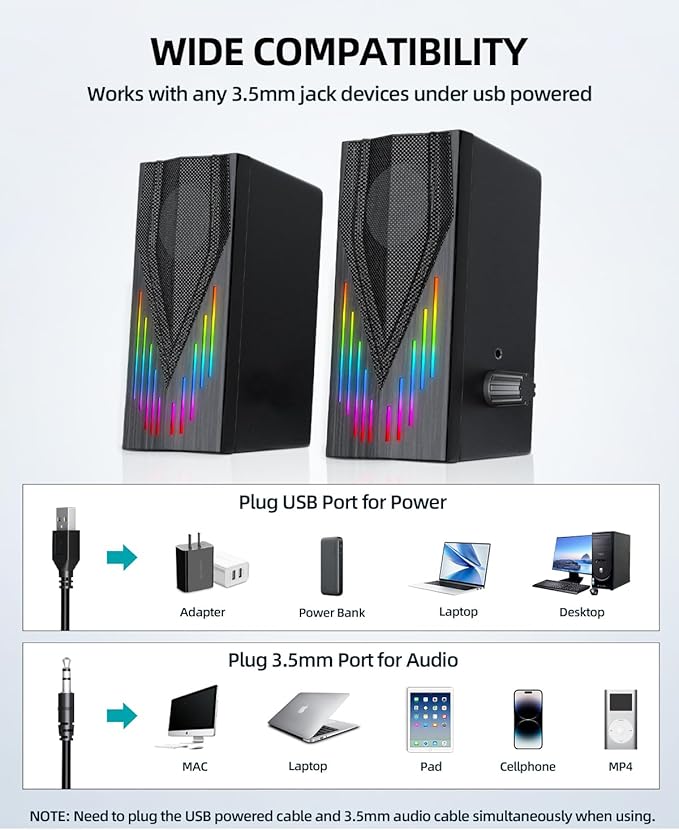 Computer Speakers with 6 Colorful RGB Lights, USB Powered 3.5mm Aux with Loud - Image 5