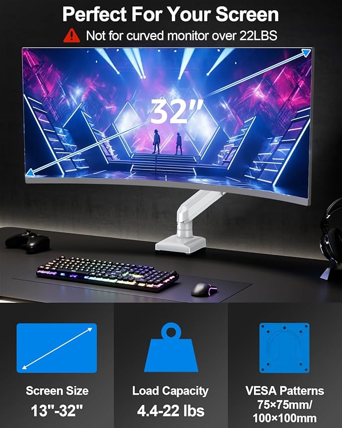 Single Monitor Arm Fits up to 32 Inch Computer Screens, Holds 4.4-22lbs - Image 2