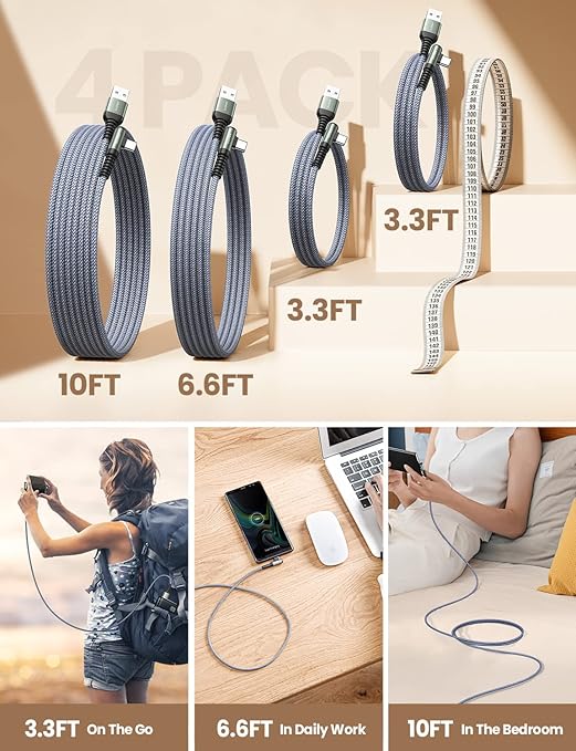 AINOPE USB C Cable 4-Pack 3.2A 90 Degree USB C Cable Packs, Nylon Braided - Image 3