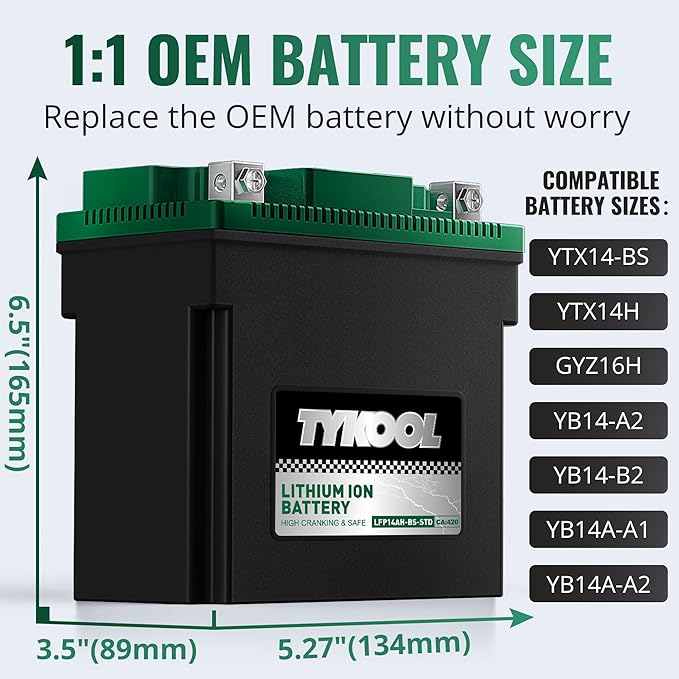 TYKOOL YTX14AH-BS-STD, LiFePO4 Lithium Motorcycle Battery, 12.8V 7Ah, 5X Longer - Image 2