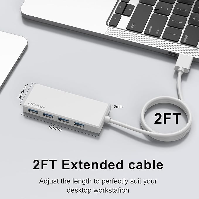 USB Hub, 2 ft Long Cable USB 3.0 Hub, USB Extender - Image 4