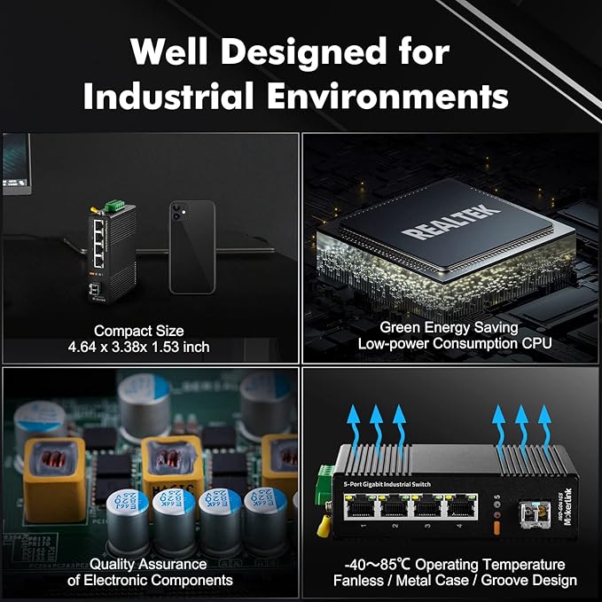 MokerLink 5 Port Industrial DIN-Rail Network Switch, 4 Gigabit Ethernet - Image 5