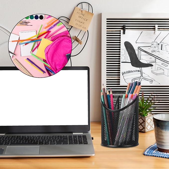 2 Pack Pen Holder Mesh Round Pencil Holder Desktop Organizer 3 Compartments - Image 5