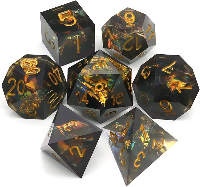 Haxtec Sharp Edge Dice Set DND Dice Black Resin Dice Iridecent Mylar Galaxy D&D by HaxtecDice