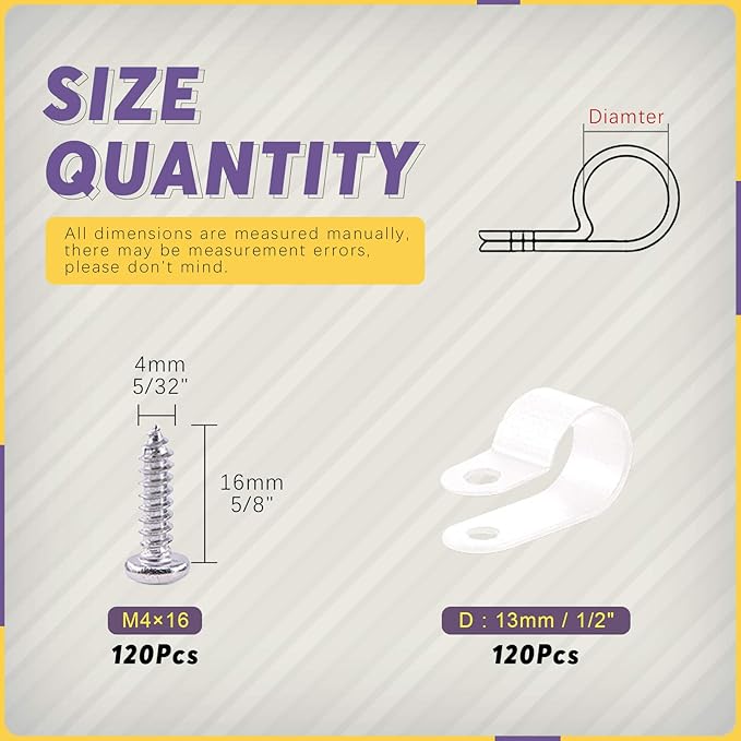 Swpeet 120 Pack White 1/2 Inch Nylon Plastic R-Type Cable Clips Clamp Kit - Image 2