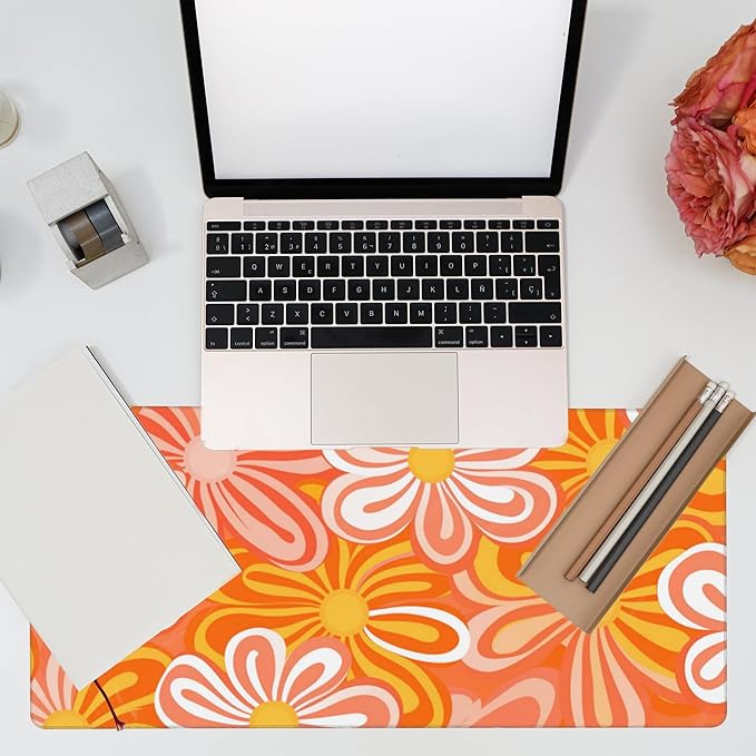 Desk Pad, Hippie Vintage Orange Flowers Desk Mat, Retro Floral Large Gaming - Image 7