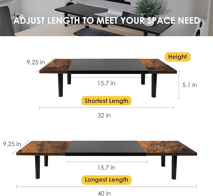 Dual-Monitor-Stand-Riser-For-Desk Adjustable Length 32-40 Inch, Large Desktop - Image 3