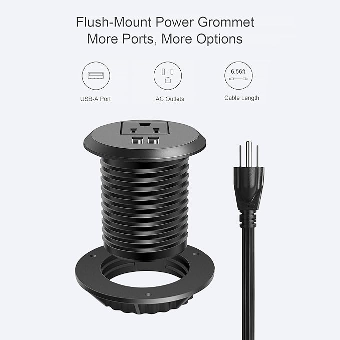 Jgstkcity Desktop Power Grommet, 2 inch, 1 AC Outlet and 2 USB Ports, 6.56ft - Image 2