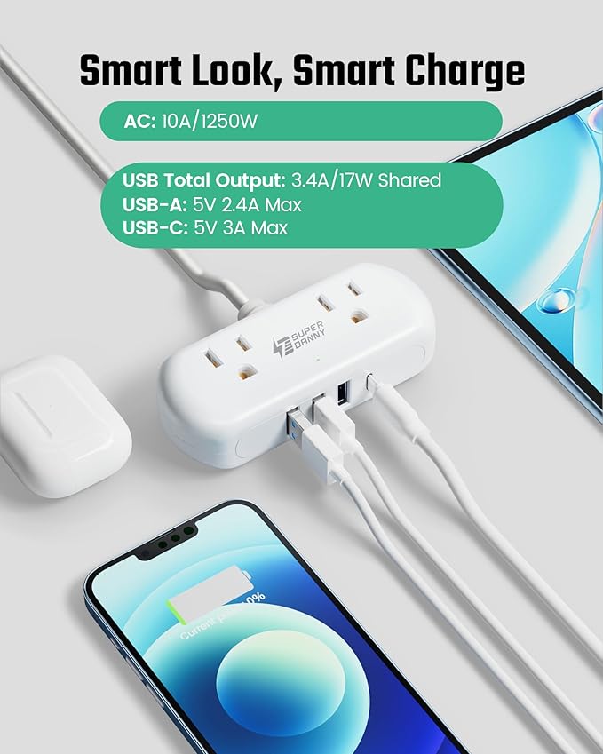 Power Strip with USB, SUPERDANNY Mini Surge Protector with 2 Wide-Spaced Outlets - Image 5