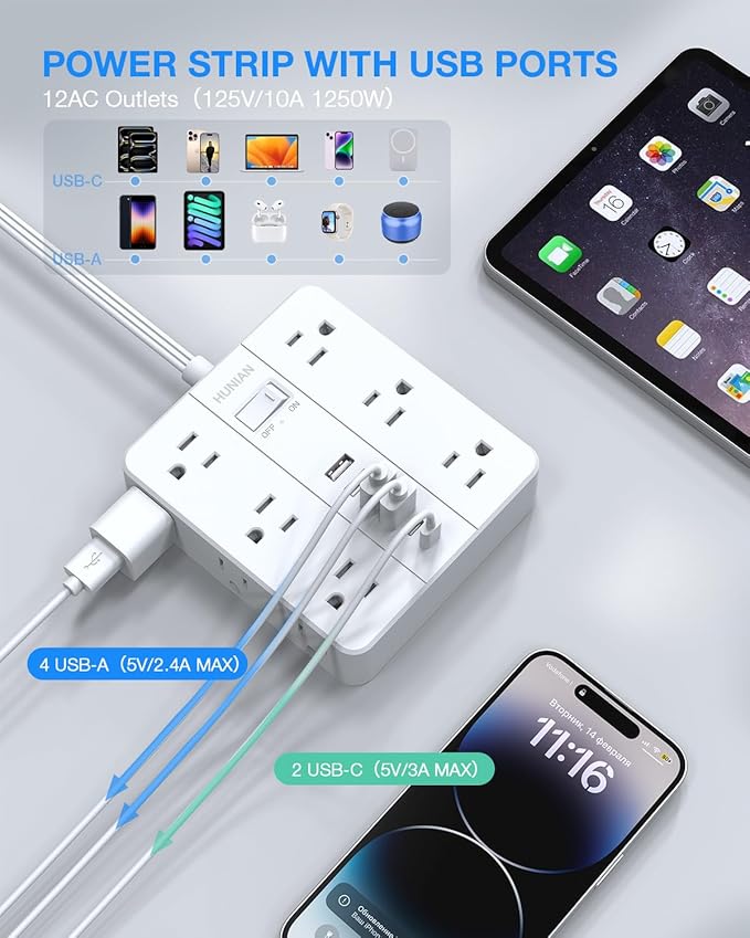 Flat Plug Surge Protector Power Strip, HUNIAN 12 Widely Spaced Outlets - Image 4