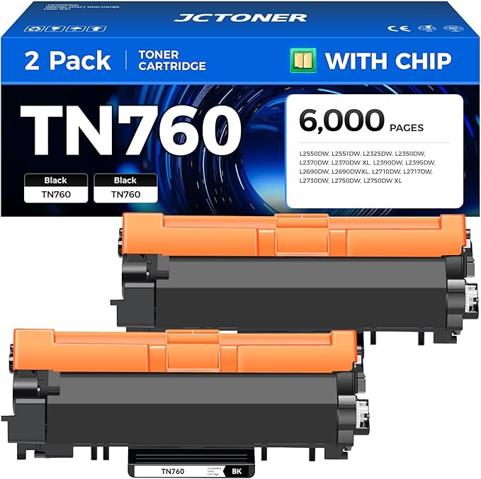TN760 Black Toner Cartridge 2-Pack Compatible Replacement by JCTONER