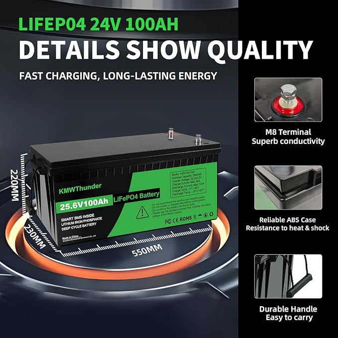 24V 100Ah LiFePO4 Lithium Battery, Built-in Smart BMS, Low-Temp Protection Up - Image 5