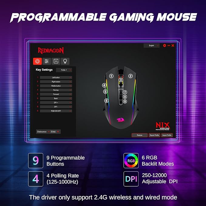 Redragon Wireless Gaming Mouse, Tri-Mode 2.4G/USB-C/Bluetooth Mouse Gaming - Image 4