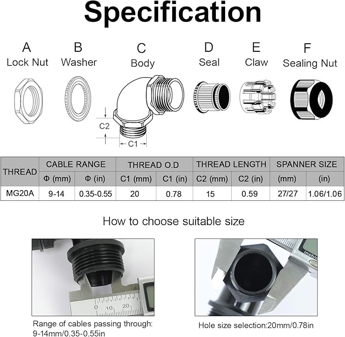 LeMotech M20 Cable Gland, 90 Degree Adjustable 9-14mm Strain Relief, Cord - Image 2