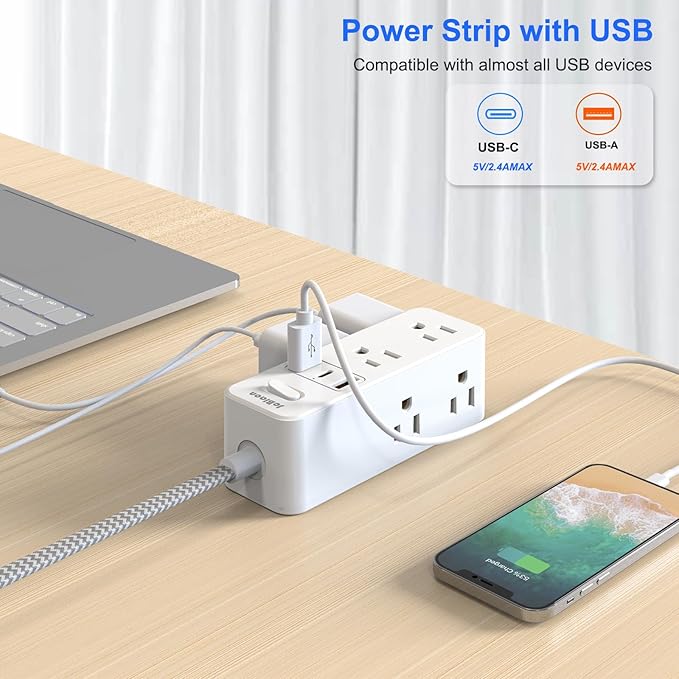 Power Strip Surge Protector, 5Ft Flat Plug Extension Cord - Image 3
