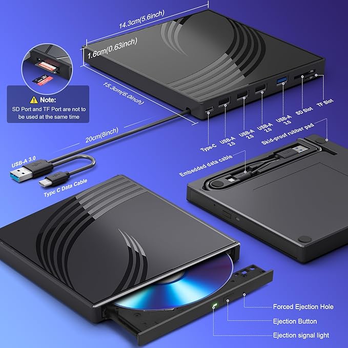 External CD/DVD Drive for Laptop, Ultra Slim CD Burner USB 3.0 Hub - Image 4