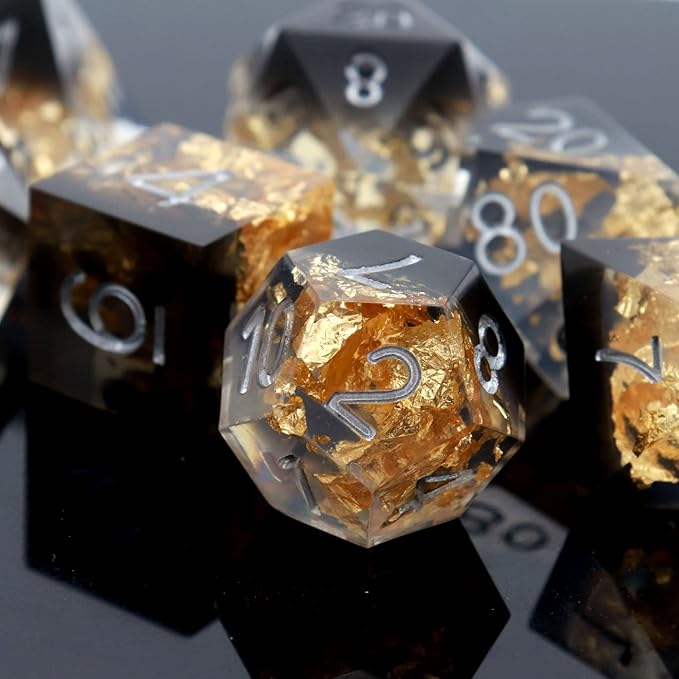 Haxtec DND Dice Set Black Sharp Edge Resin Dice Gold Flakes - Image 3