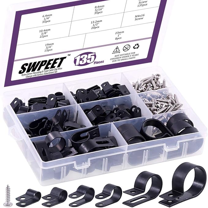Swpeet 135 Pack 6 Sizes Black Nylon Plastic R-Type Cable Clips Clamp Assortment by Swpeet