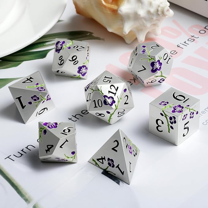 Flower Silver Metal Dice, DNDND 7 PCS Heavy Metallic D&D Dice Set - Image 3