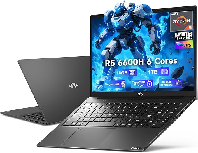 NIMO 15.6" IPS FHD-Gaming-Laptop, AMD Ryzen 5 6600H 6-Cores 660M GPU 16GB DDR5 by Nimo
