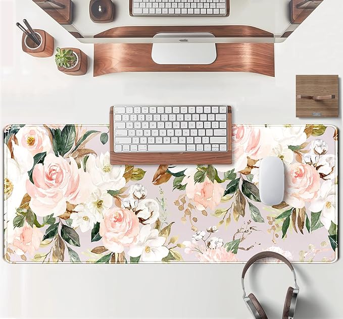 Pink Flowers Keyboard Pad PC Gaming Desk Mat Desk Mouse Pads Green Leaves - Image 4