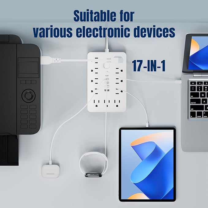 5 FT Flat Plug Surge Protector Power Strip, 11 Multiple AC Outlets - Image 6