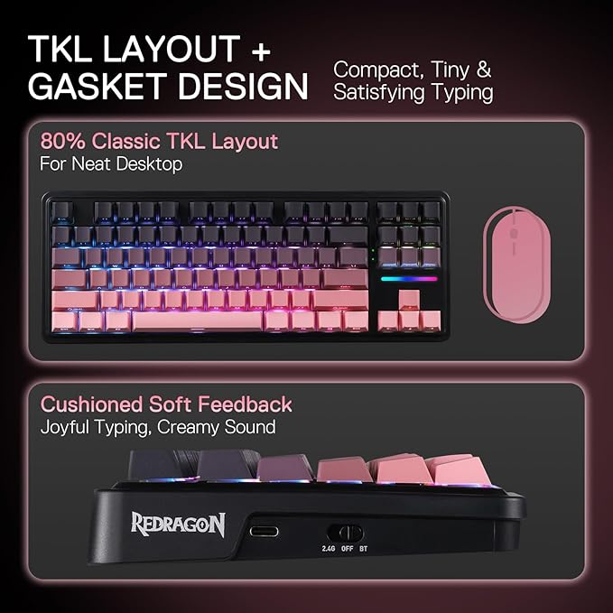 Redragon K728 PRO 80% Wireless Gasket Gaming Keyboard, 3-Mode 87 Keys TKL - Image 4