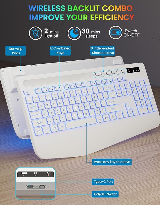 Wireless Keyboard with 7 Colored Backlit, Wrist Rest, Phone Holder, - Image 8