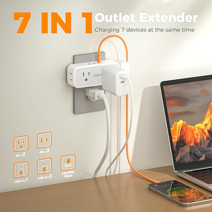 20W PD Surge Protector Outlet Extender, TESSAN Multi Plug Splitter - Image 2