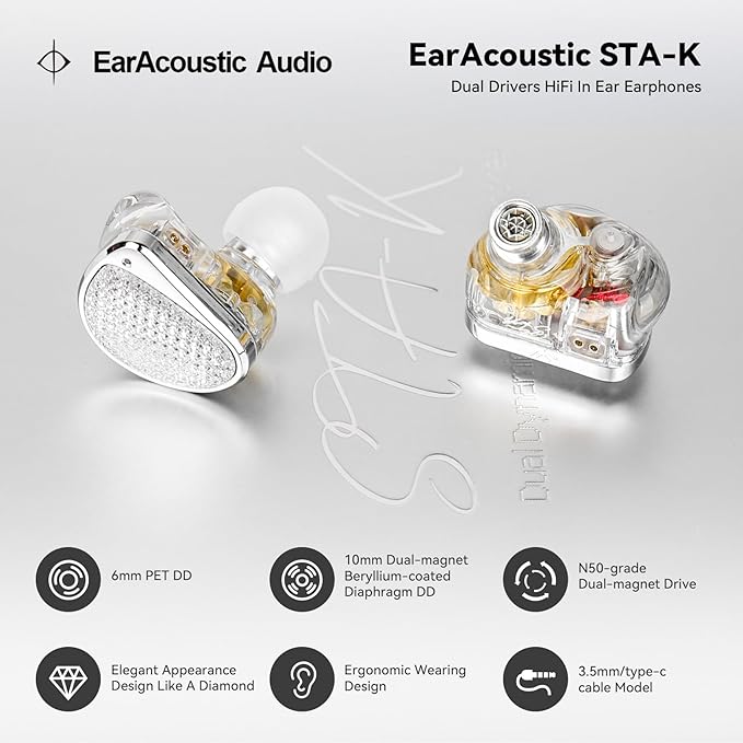 STA-K In Ear Monitor, EarAcoustic Audio HiFi Stereo Wired Earbuds, Hybrid Dual - Image 3