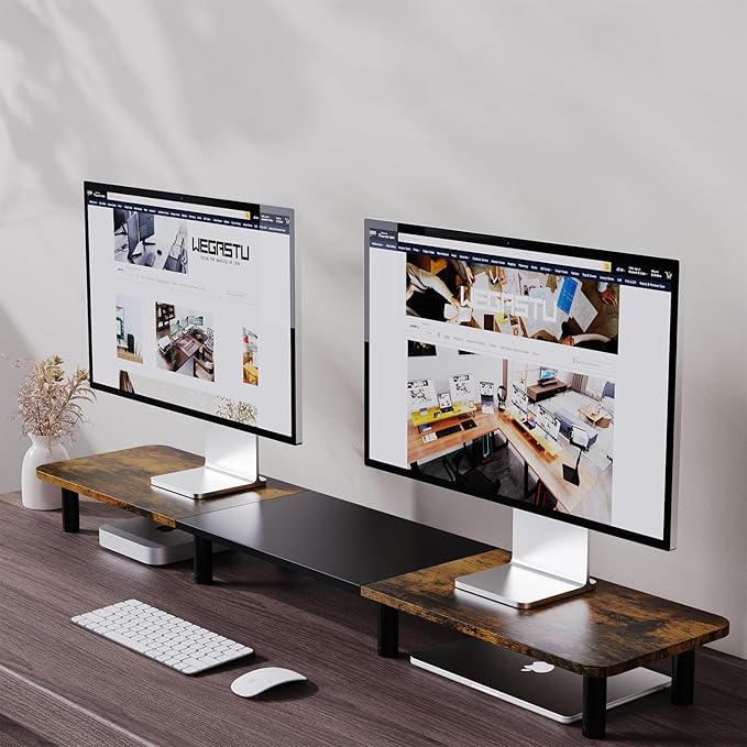 43.7" Extra Long Dual Monitor Stand Riser, Wood & Steel Monitor Stand - Image 3