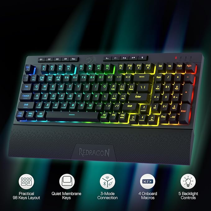 Redragon K515 PRO Shiva RGB Wireless Membrane Gaming Keyboard, 98 Keys - Image 2